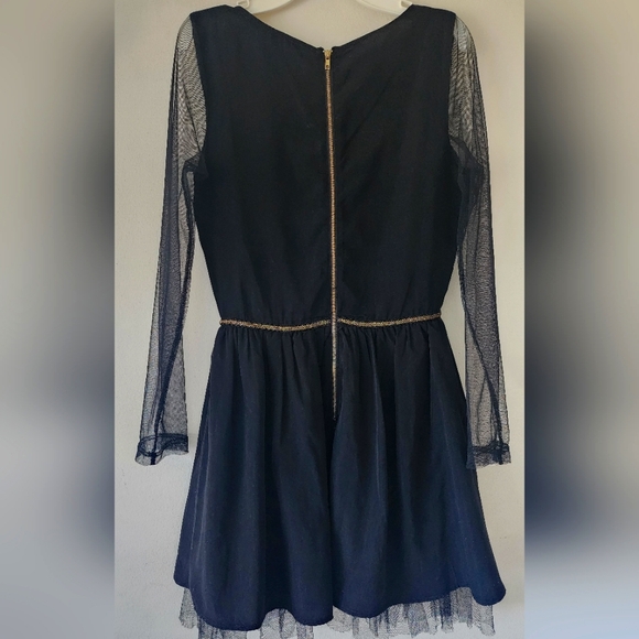 English Rose Long Sleeve Mesh Embroidered Gold Floral Zipper Dress Size Small - Picture 2 of 4